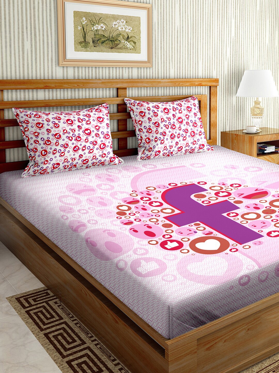 

BELLA CASA Pink & Purple Graphic 150 TC King Bedsheet with 2 Pillow Covers