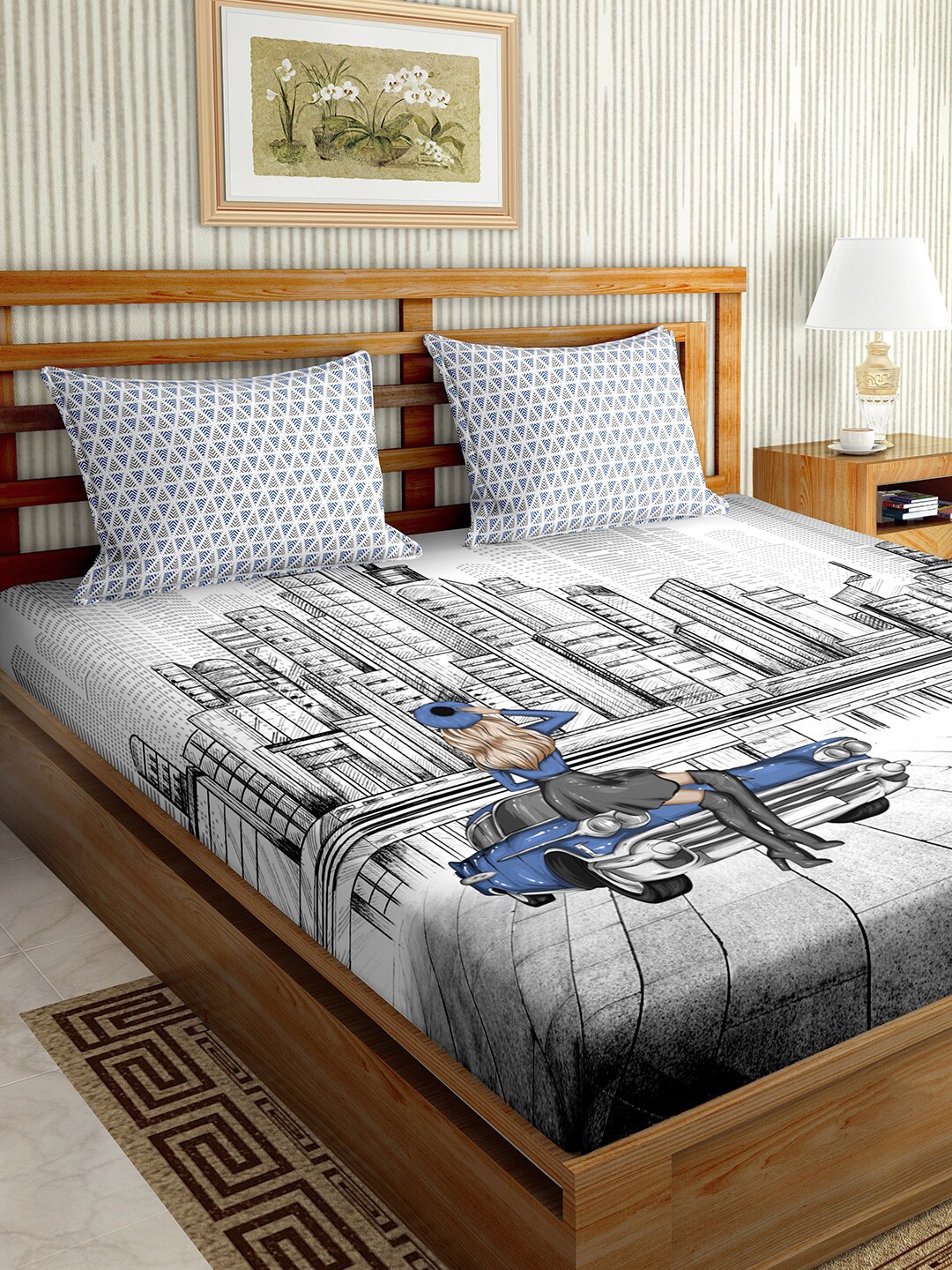 

BELLA CASA White & Grey Graphic 150 TC King Bedsheet with 2 Pillow Covers