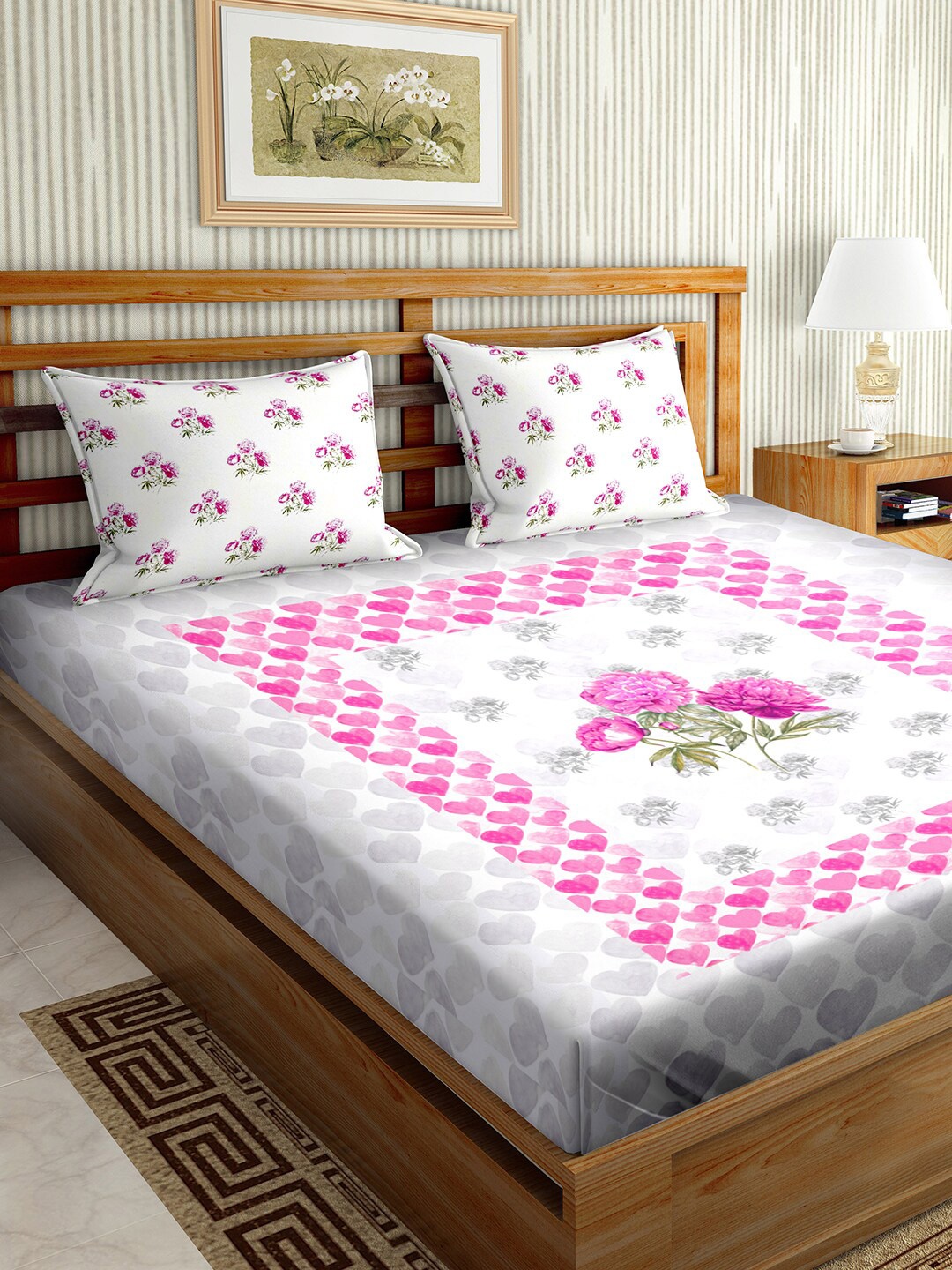 

BELLA CASA White & Pink Floral 150 TC King Bedsheet with 2 Pillow Covers