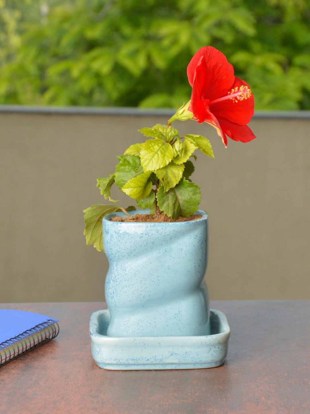

StyleMyWay Blue Hand Painted Ceramic Planter Pot With Tray