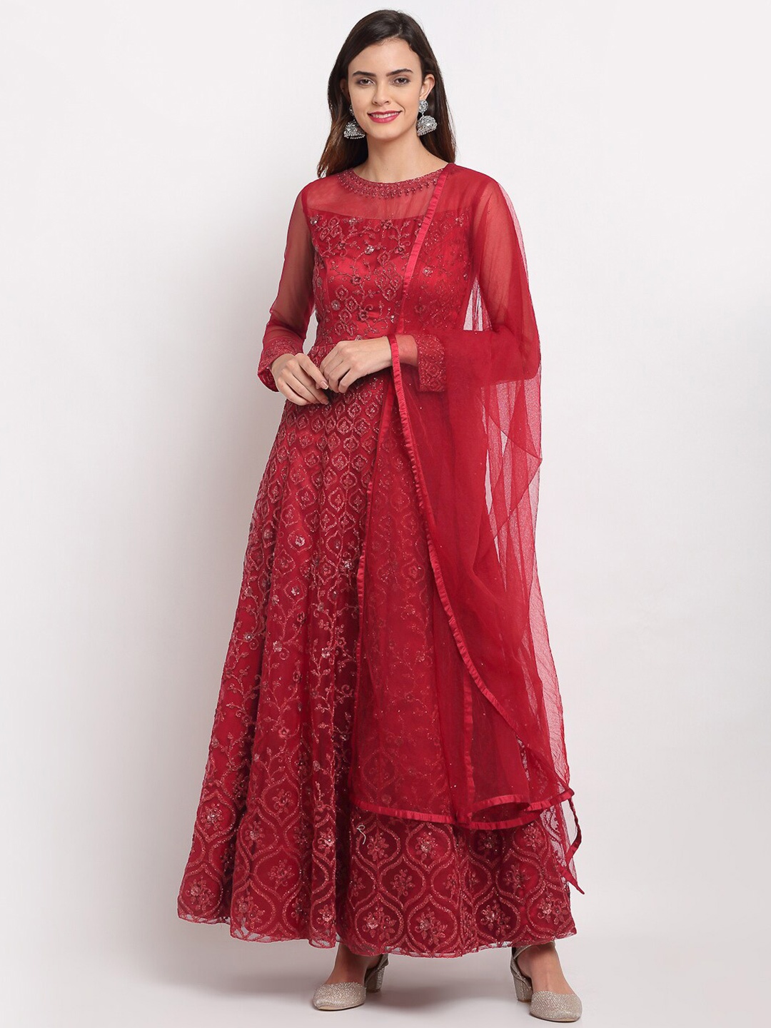 

Stylee LIFESTYLE Red Embroidered Semi-Stitched Dress Material