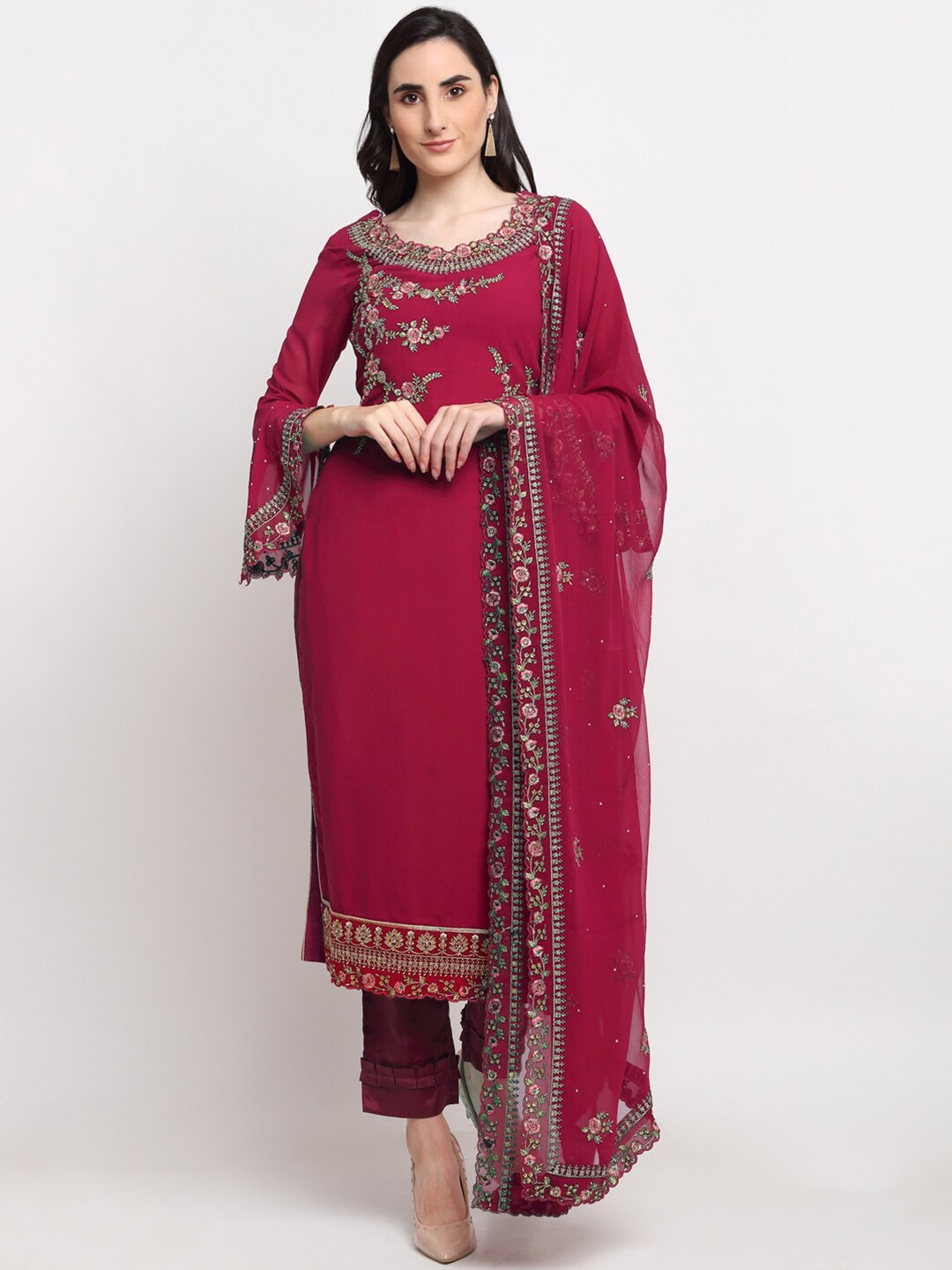 

Stylee LIFESTYLE Magenta & Green Embroidered Semi-Stitched Dress Material