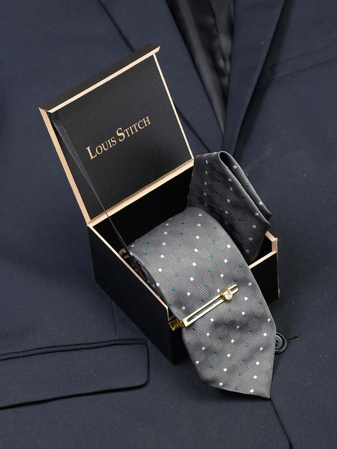 

LOUIS STITCH Men Silk Necktie Accessory Gift Set, Grey