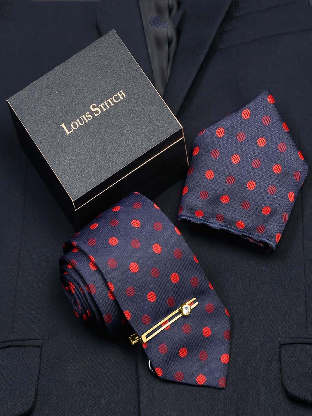 

LOUIS STITCH Men Polka Blue Italian Silk Necktie Accessory Gift Set, Navy blue