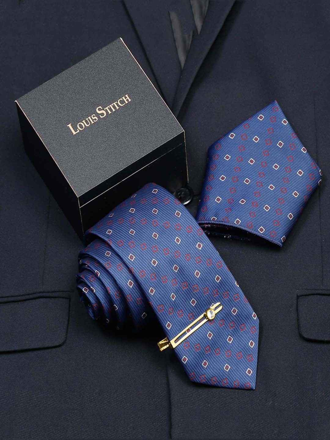 

LOUIS STITCH Men's Royal Blue Italian Silk Necktie Accessory Gift Set