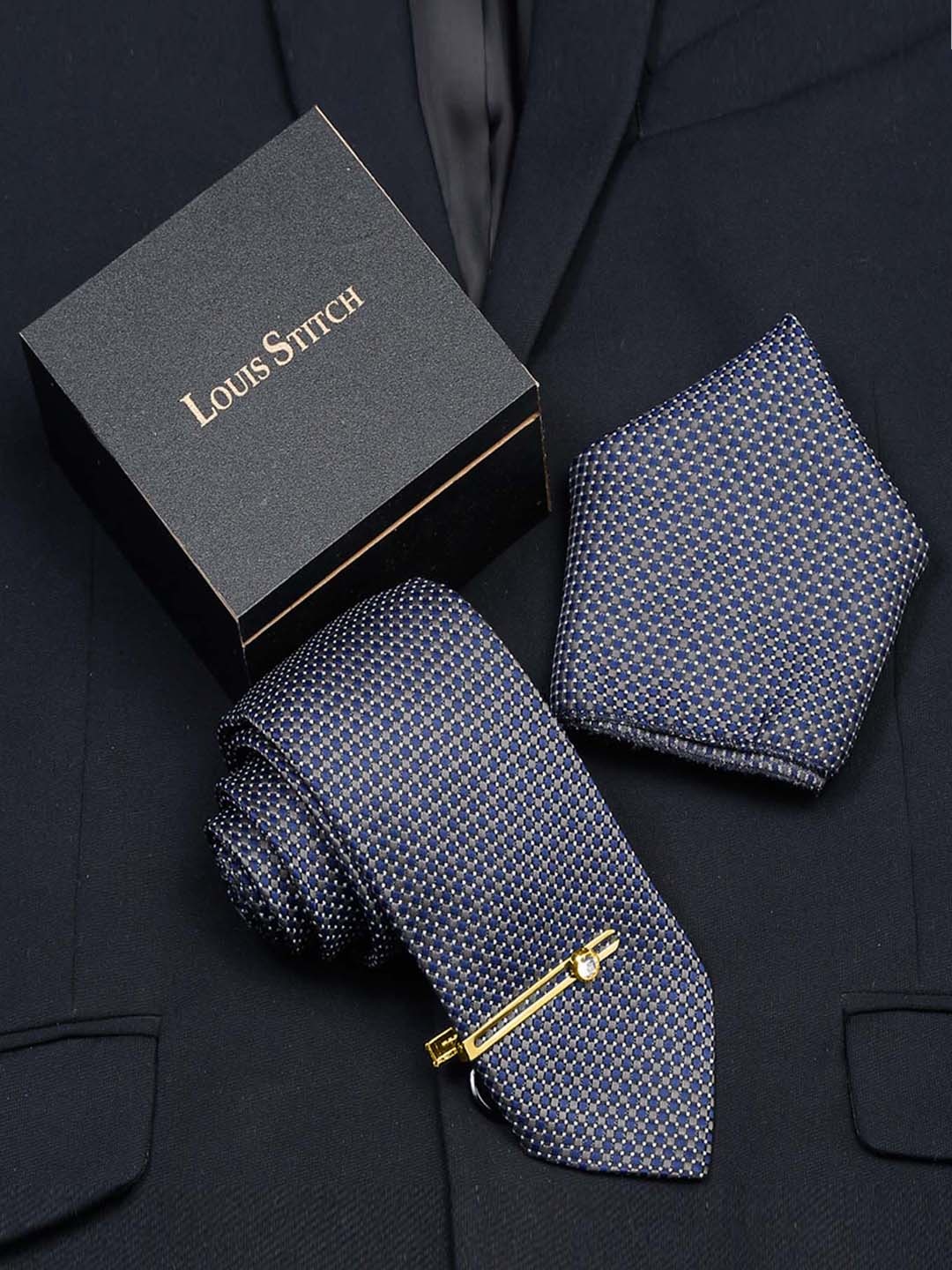 

LOUIS STITCH Men Checked Italian Silk Necktie Accessory Gift Set, Blue