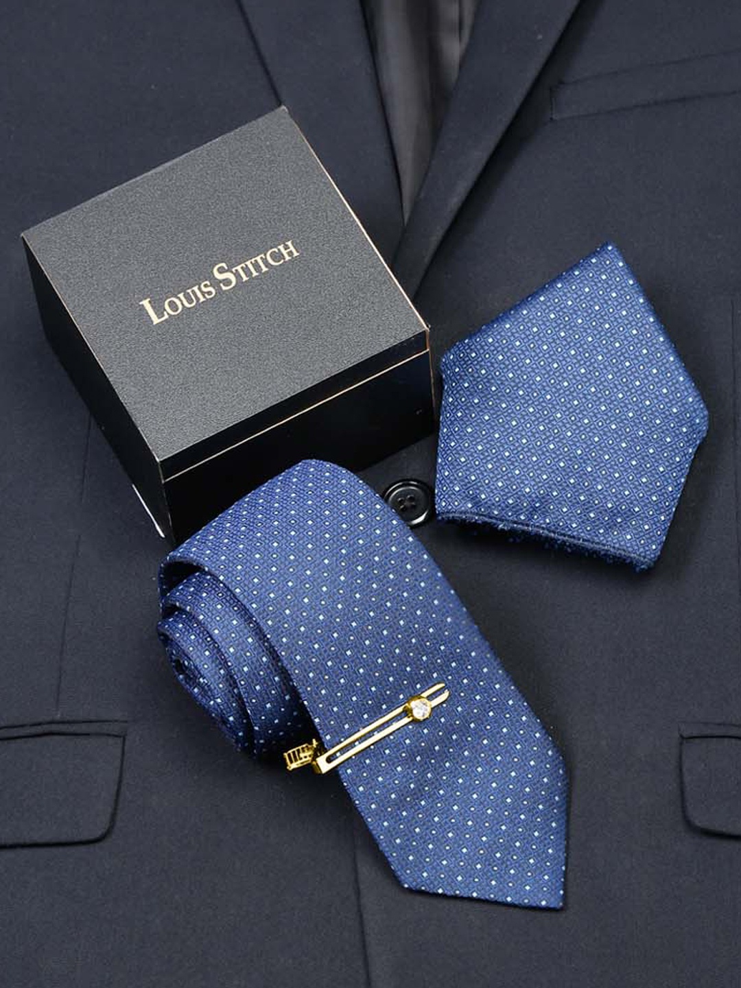 

LOUIS STITCH Men Printed Silk Necktie Accessory Gift Set, Blue