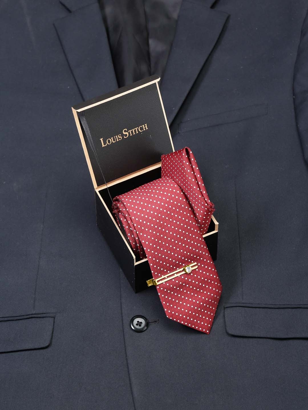 

LOUIS STITCH Men Woven Design Silk Necktie Accessory Gift Set, Red