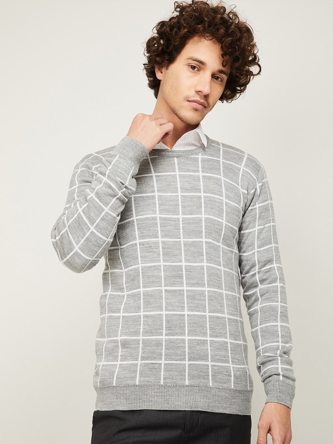 

CODE by Lifestyle Men Grey Melange Checked Pullover