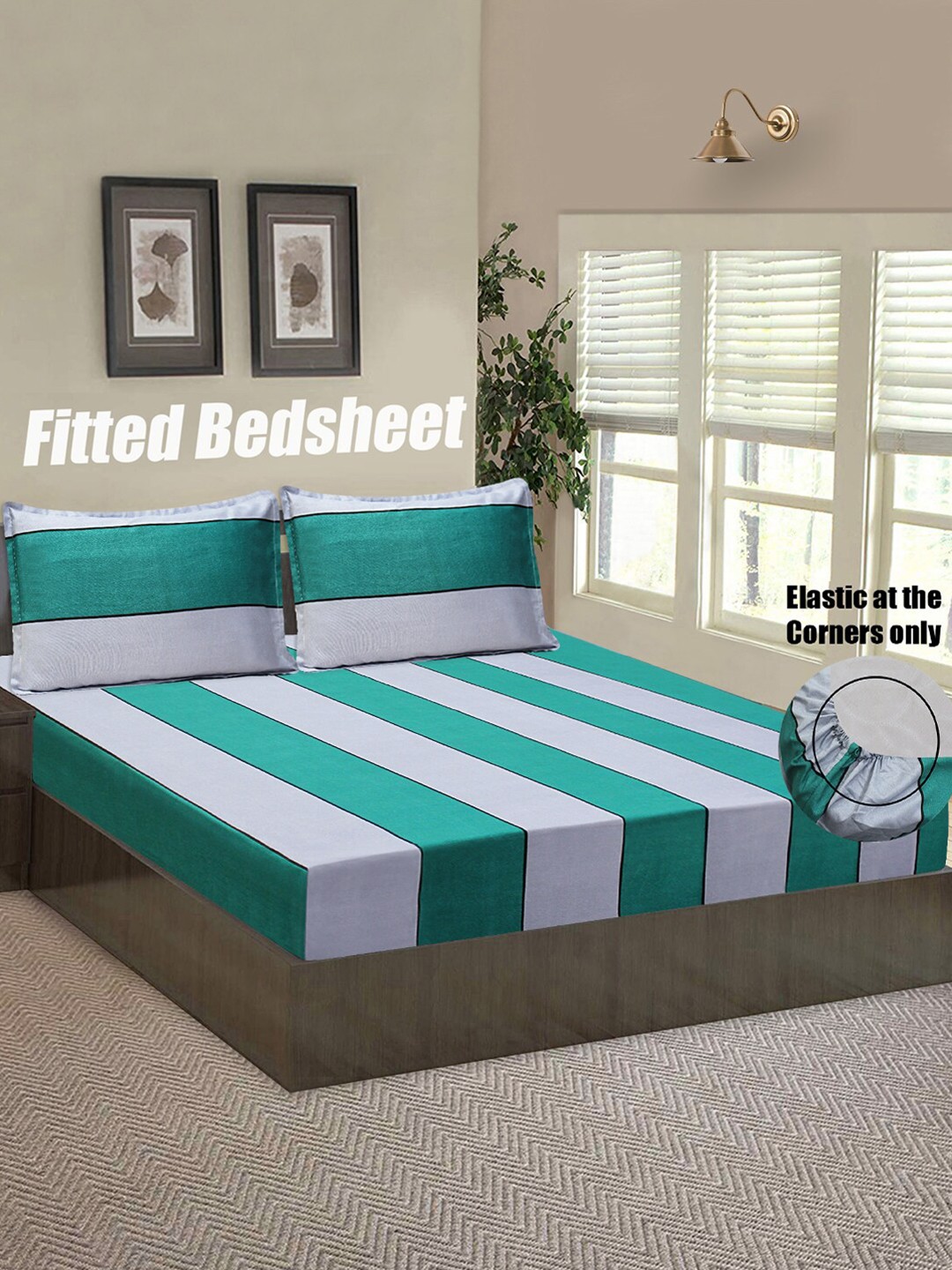 

Good Homes by Home Candy Green & Grey Striped 144 TC Queen Bedsheet with 2 Pillow Covers