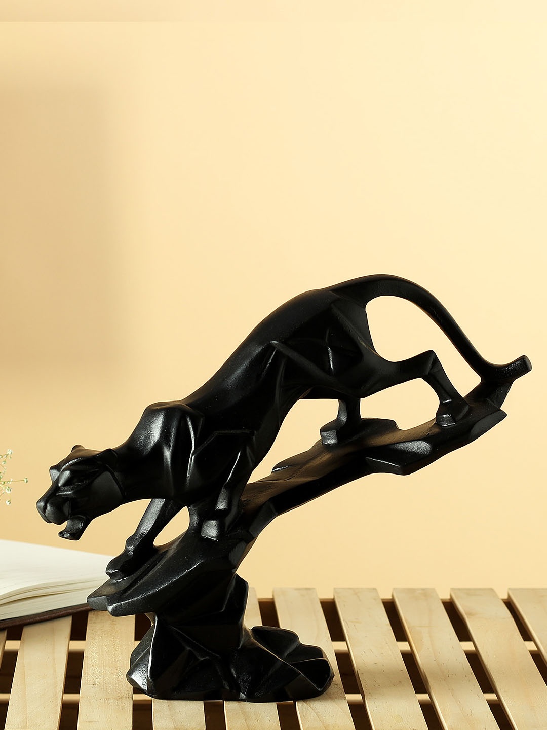 

TIED RIBBONS Black Polyresin Modern Geometrical Black Panther Jaguar Statue Showpiece