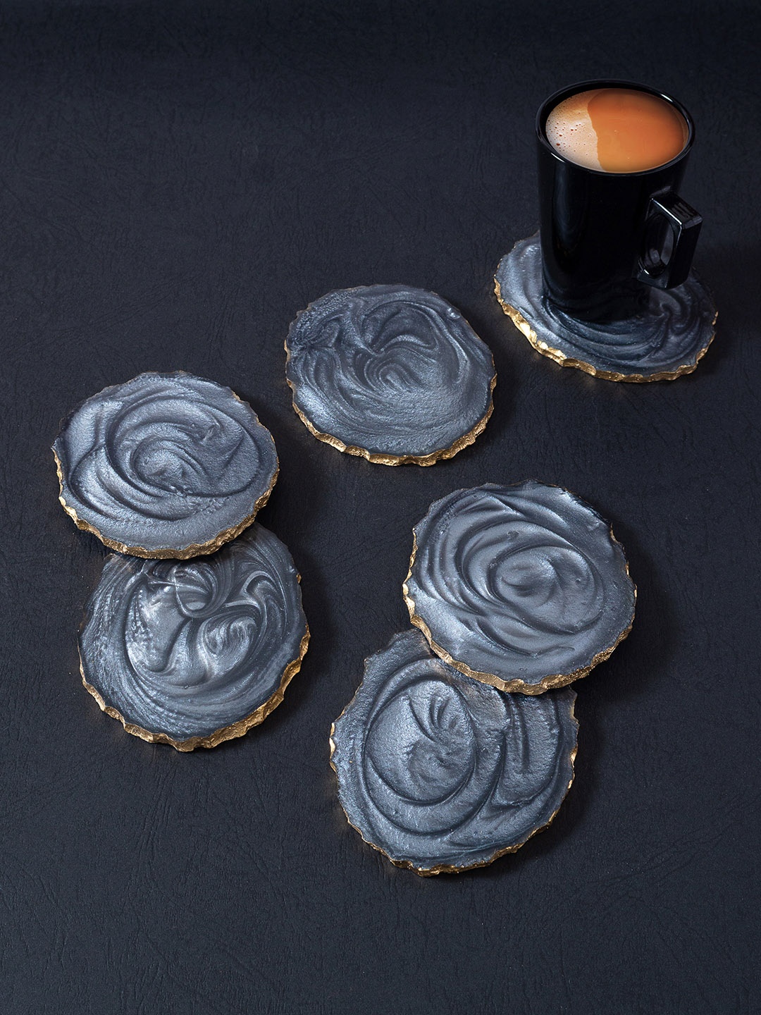 

Golden Peacock Set Of 6 Navy Blue & Gold-Toned Printed Coasters
