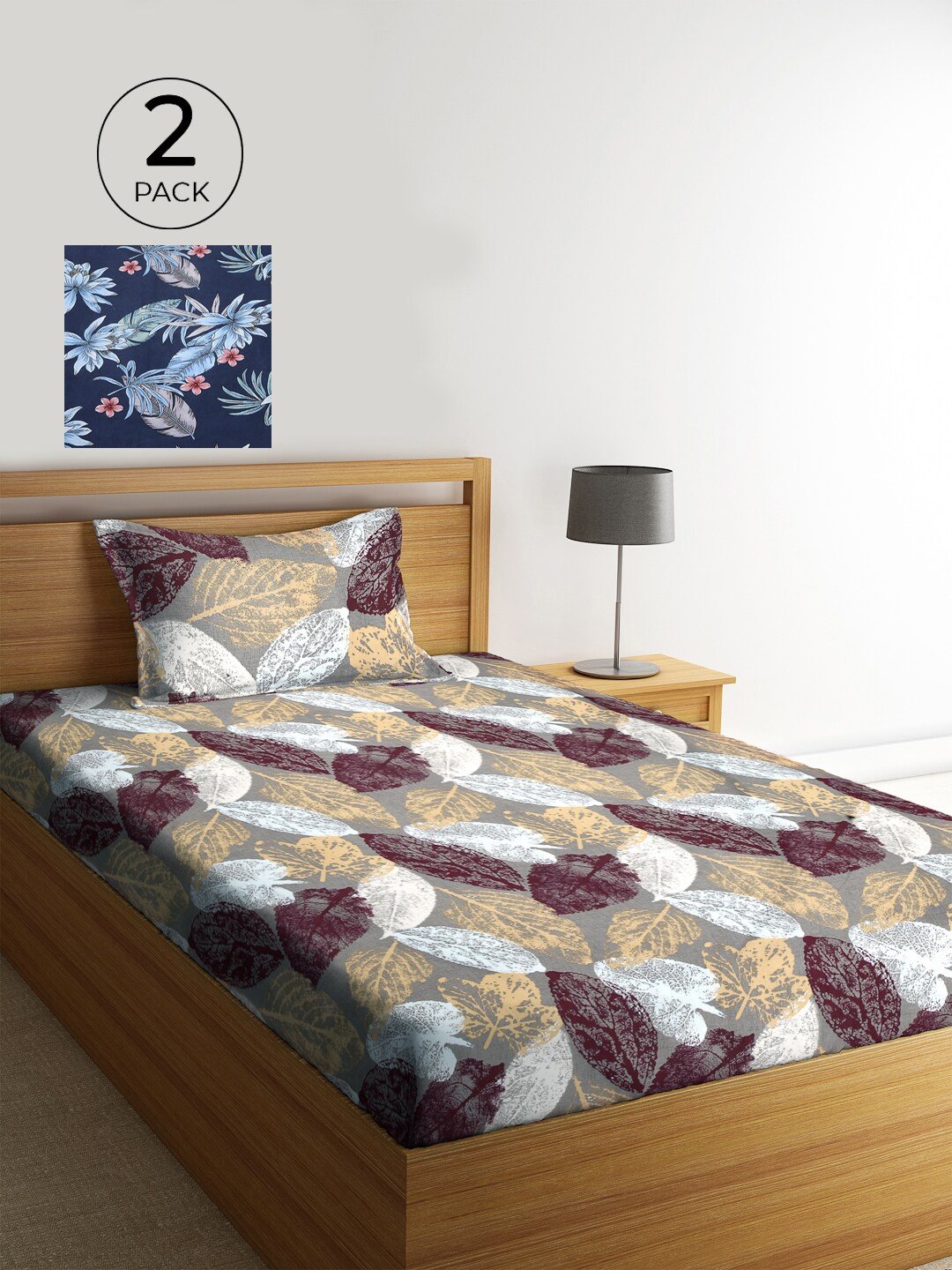 

KLOTTHE Grey & Blue Floral 210 TC 2 Single Bedsheet with 2 Pillow Covers