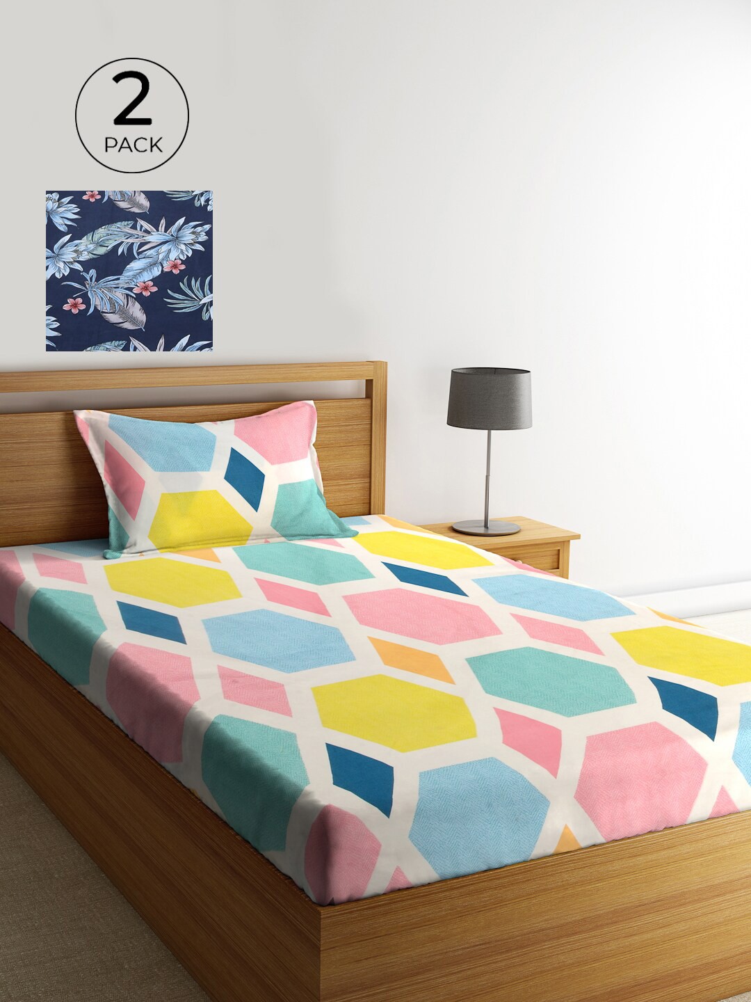 

KLOTTHE Yellow & Blue Geometric 210 TC 2 Single Bedsheet with 2 Pillow Covers