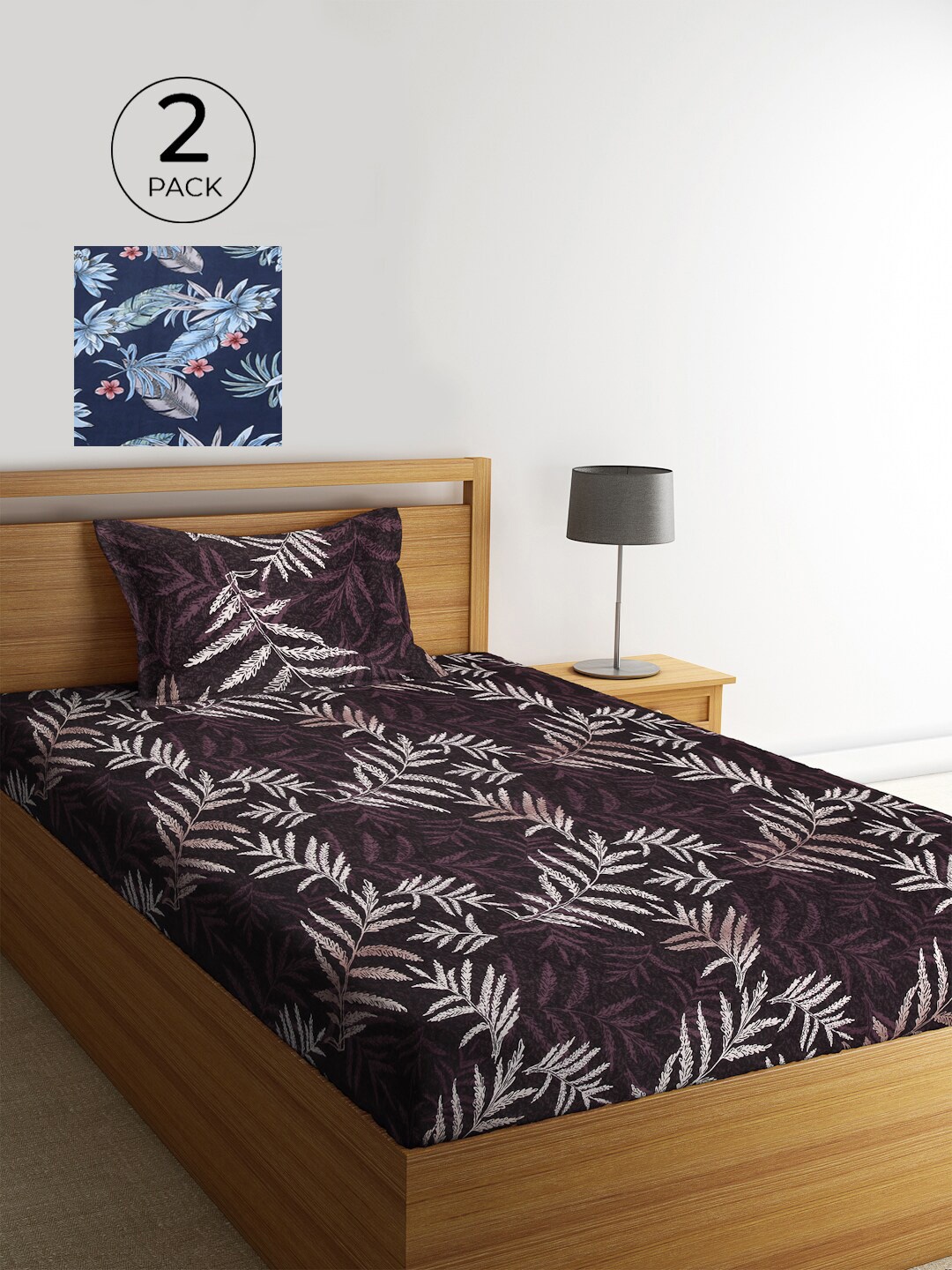 

KLOTTHE Purple & Blue Floral 210 TC Cotton 2 Single Bedsheet with 2 Pillow Covers