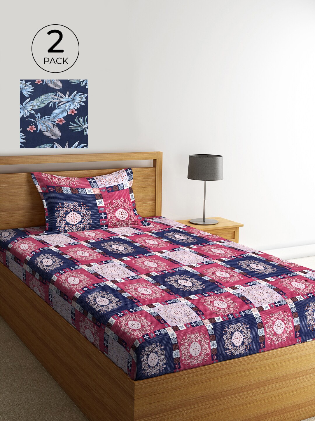 

KLOTTHE Pink & Blue 210 TC 2 Single Bedsheet with 2 Pillow Covers