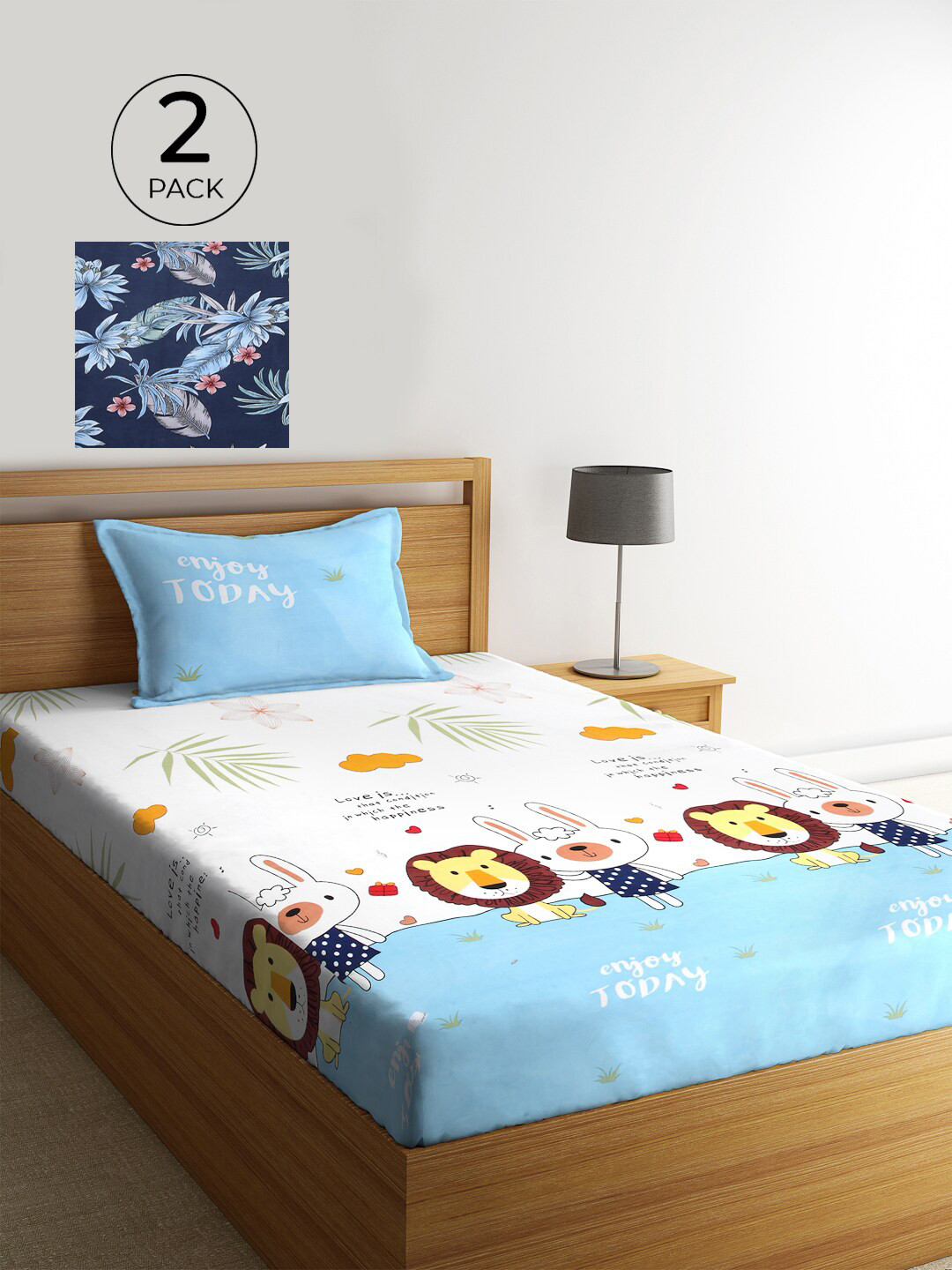 

KLOTTHE Multi Cartoon Characters 210 TC Cotton 2 Single Bedsheet with 2 Pillow Cover, Navy blue