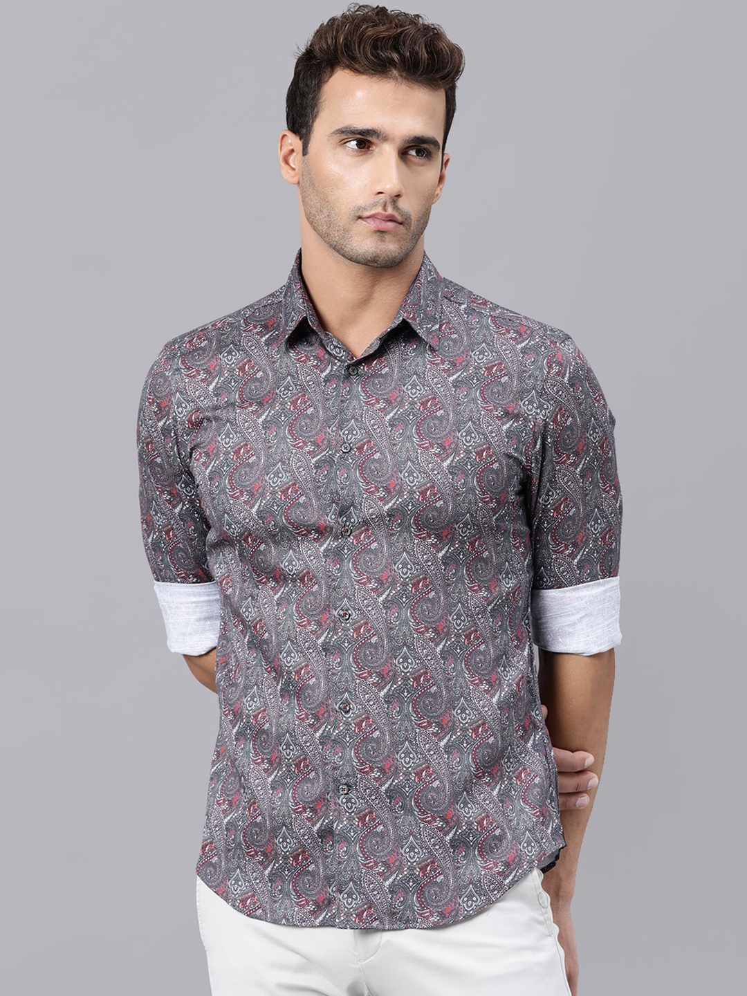 

RARE RABBIT Men Grey & Pink Tailored Fit Opaque Ethnic Motifs Printed Casual Shirt