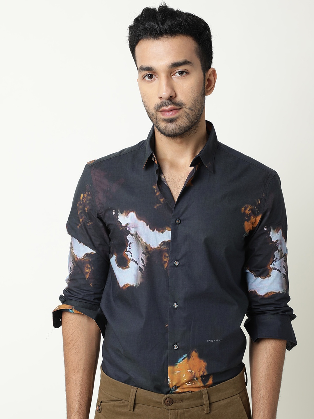 

RARE RABBIT Men Navy Blue & Brown Tailored Fit Opaque Abstract Printed Casual Shirt