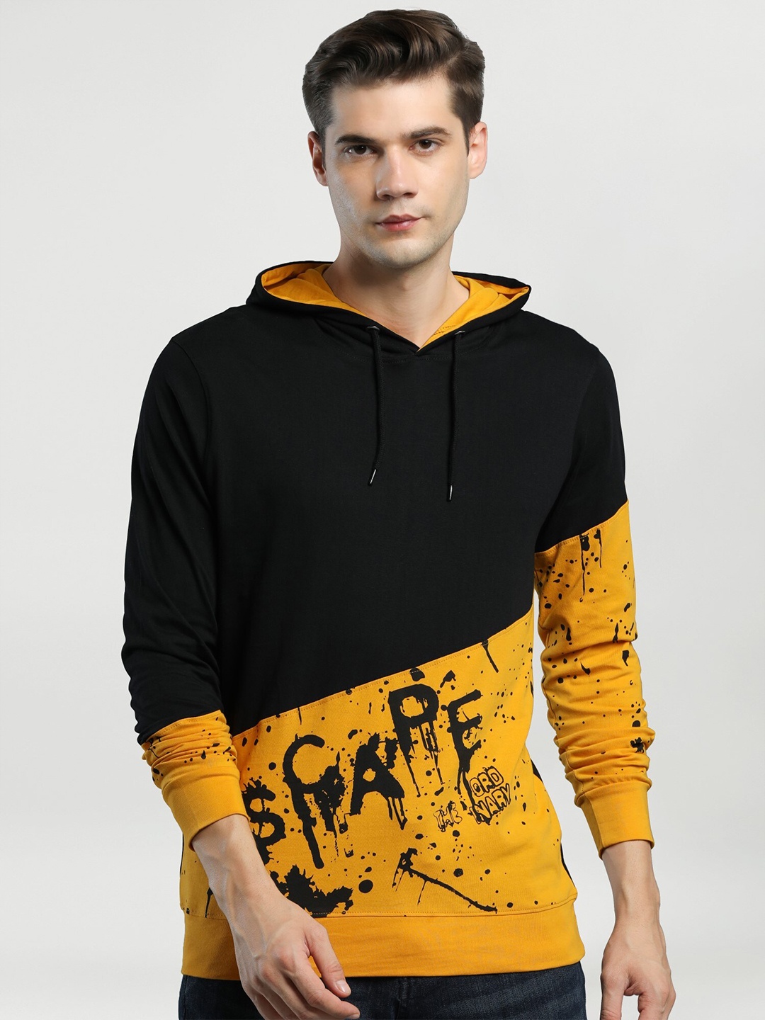 

Maniac Men Yellow Black Typography Printed Hooded Cotton Pure Cotton T-shirt