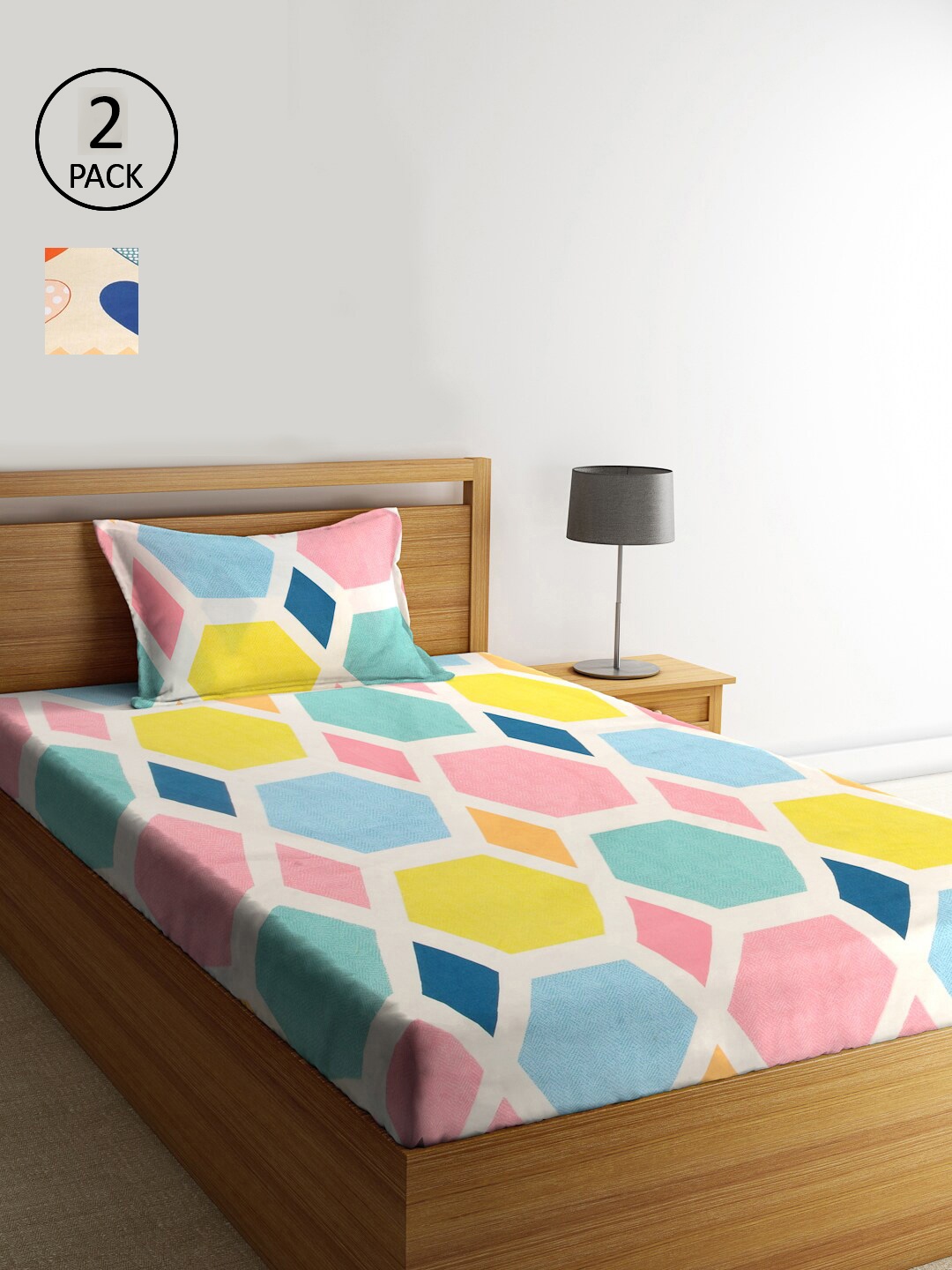 

KLOTTHE Blue Geometric 210 TC Cotton 2 Single Bedsheet with 2 Pillow Cover, White