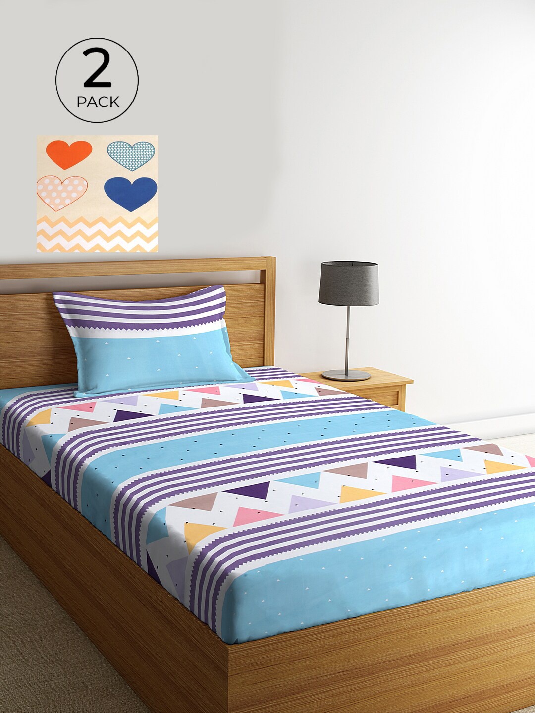 

KLOTTHE Blue Striped 210 TC Cotton 2 Single Bedsheet with 2 Pillow Cover, Beige