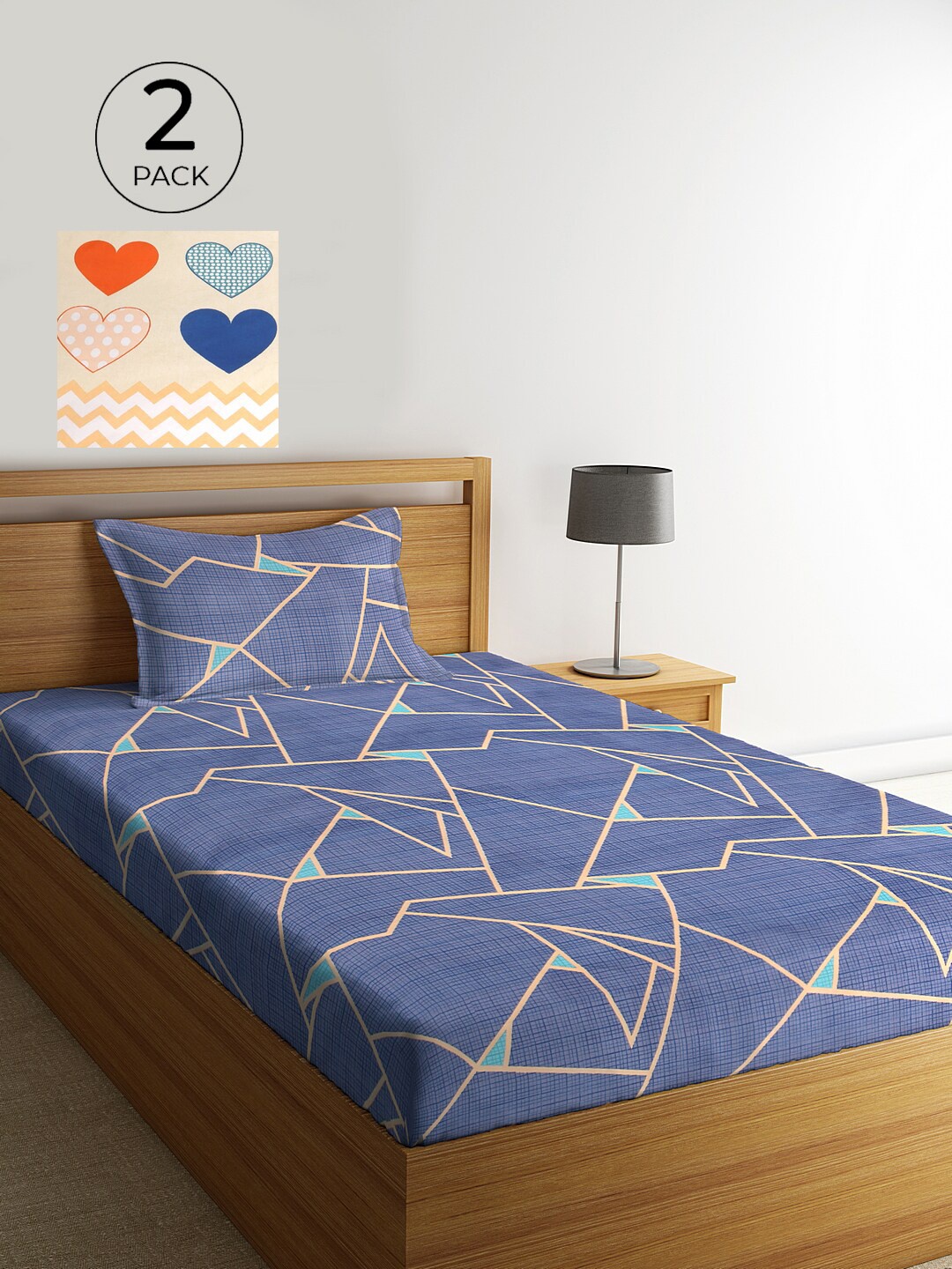 

KLOTTHE Blue Geometric 210 TC Cotton 2 Single Bedsheet with 2 Pillow Cover, White