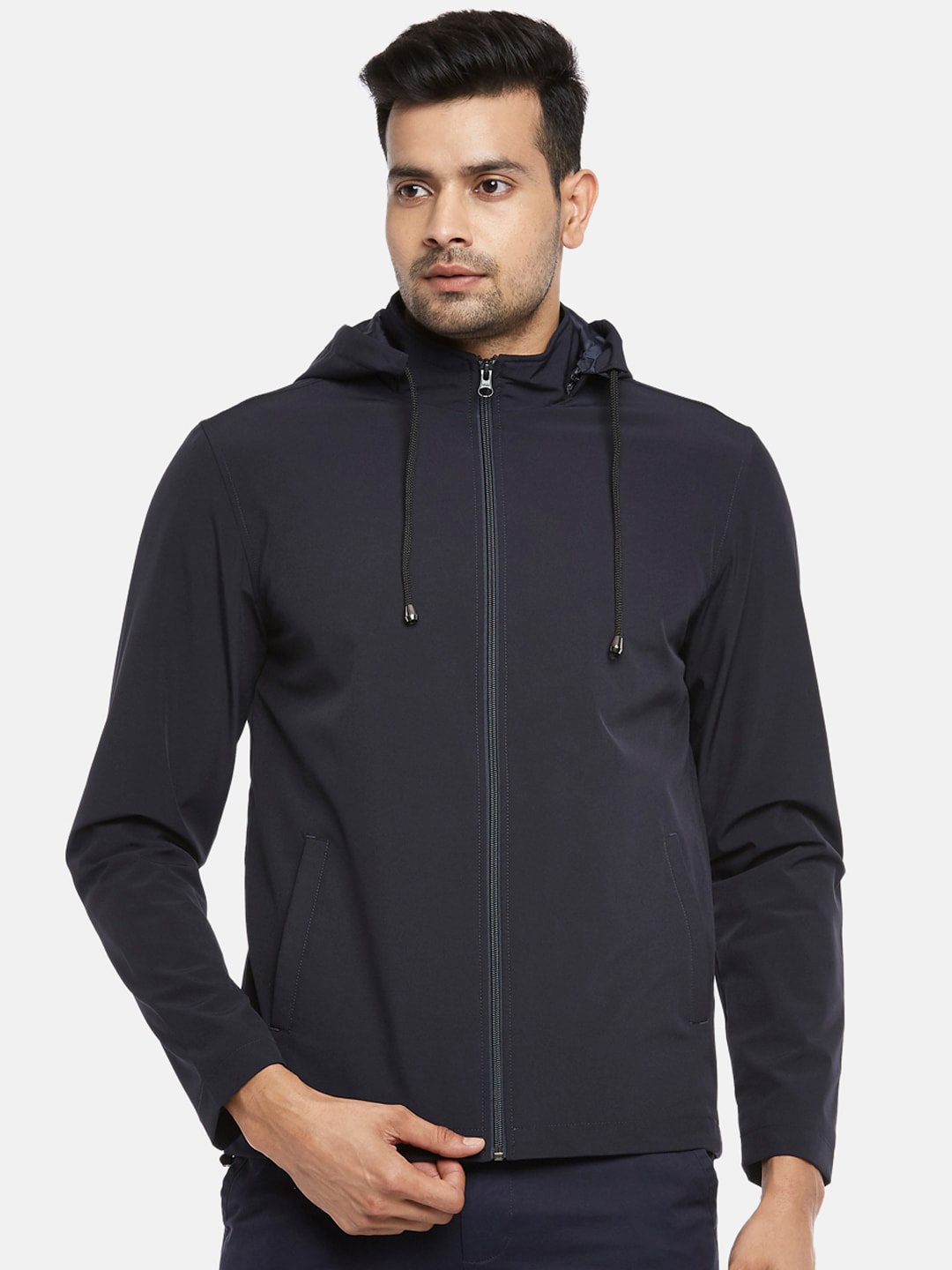 

BYFORD by Pantaloons Men Navy Blue Hooded Sporty Jacket