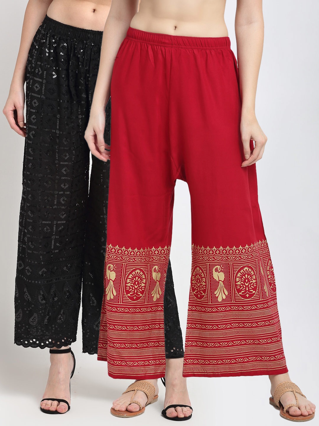 

TAG 7 Women Pack of 2 Black & Red Embellished Wide Leg Palazzos