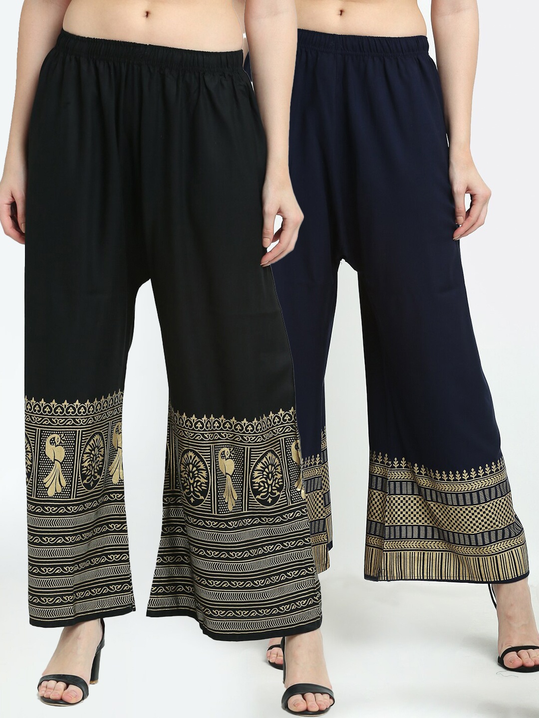 

TAG 7 Women Pack Of 2 Black & Navy Blue Ethnic Motifs Printed Wide Leg Palazzos