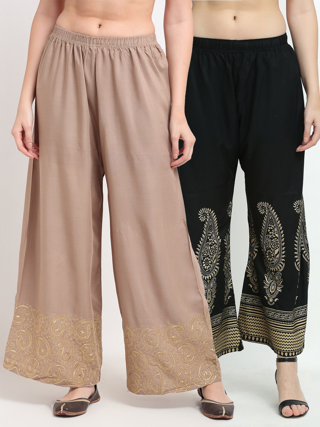 

TAG 7 Women Beige & Black 2 Ethnic Motifs Printed Palazzos
