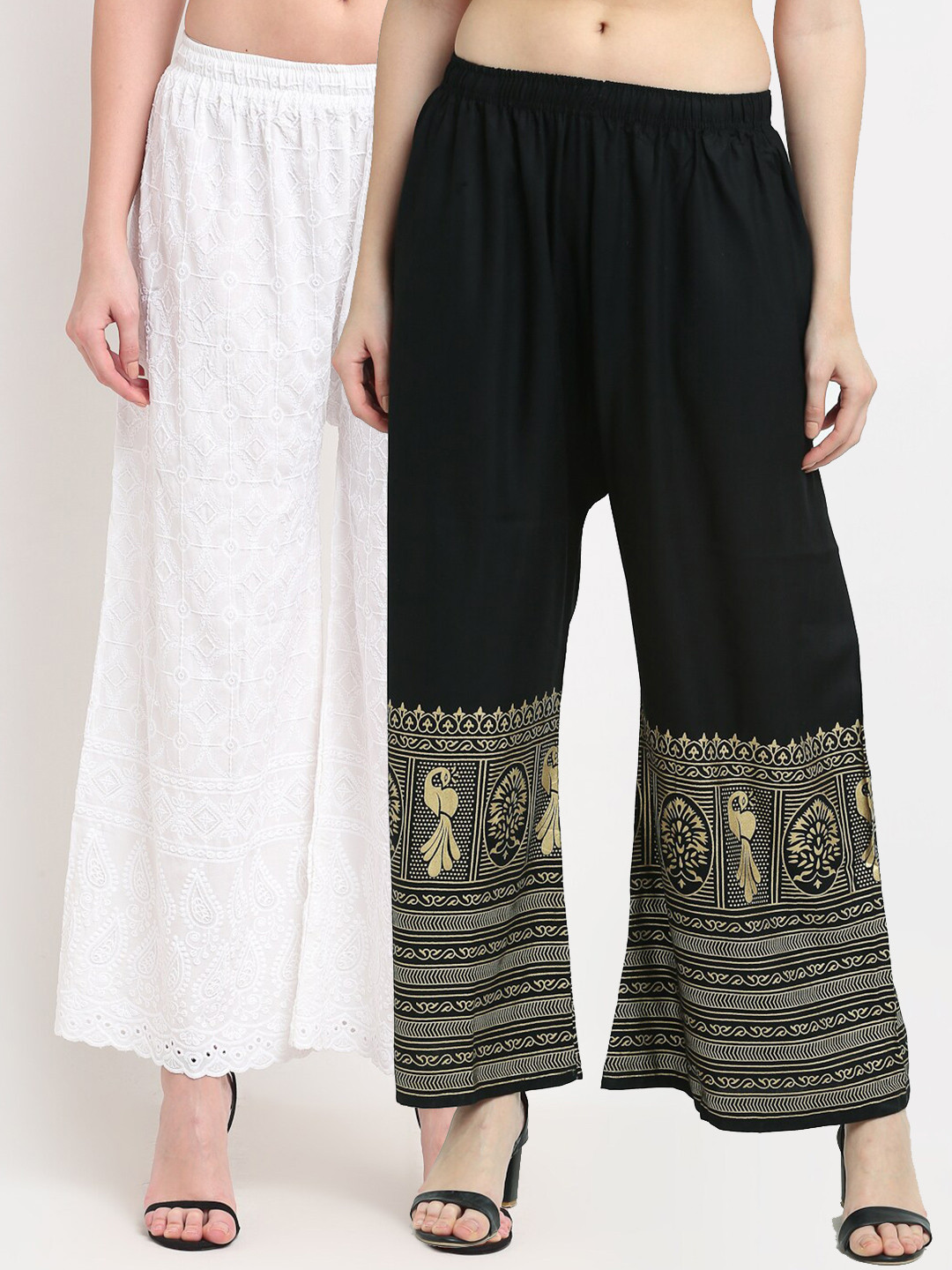 

TAG 7 Women Pack of 2 White & Black Embroidered Flared Palazzos