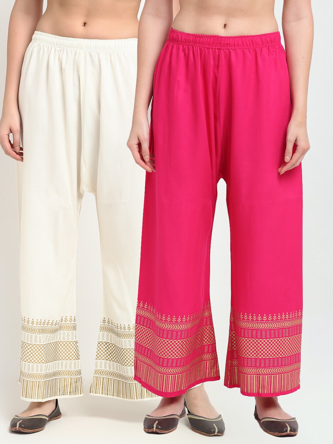 

TAG 7 Pack of 2 Women Pink & White Printed Flared Palazzos