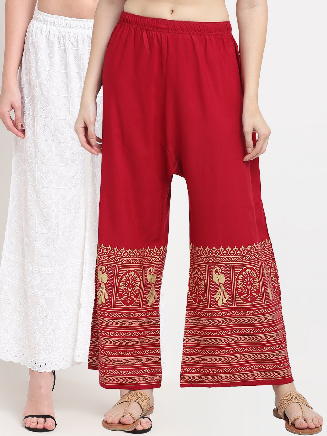 

TAG 7 Women White & Maroon Pack of 2 Ethnic Motifs Printed Palazzos