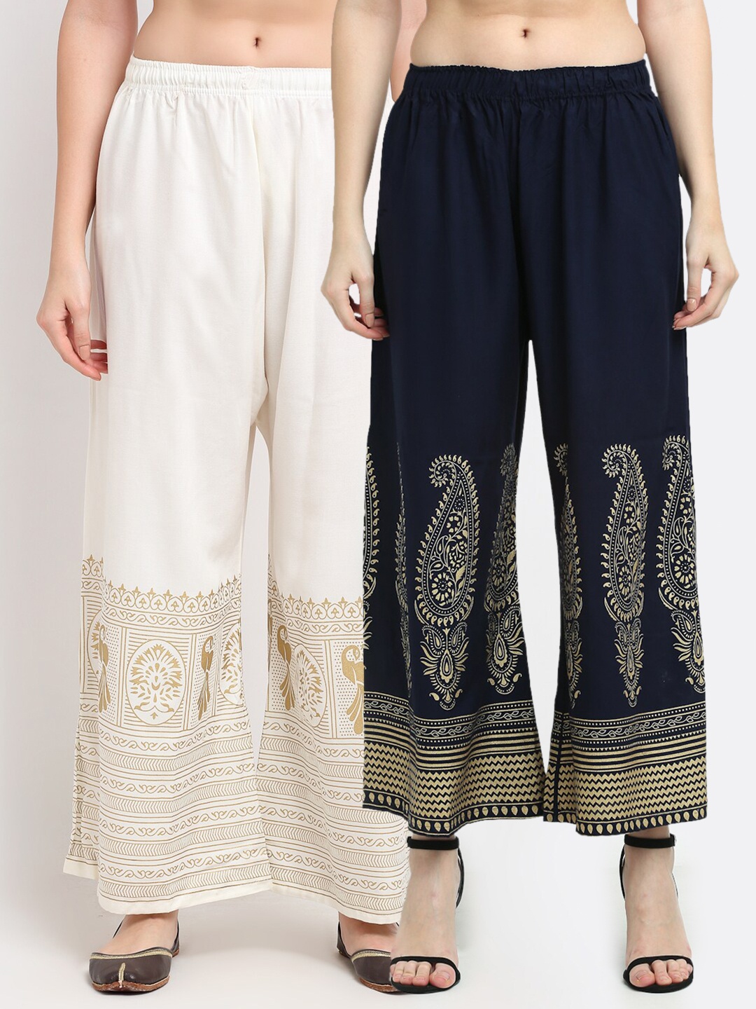 

TAG 7 Women Pack Of 2 Ethnic Motifs Printed Flared Palazzos, Navy blue