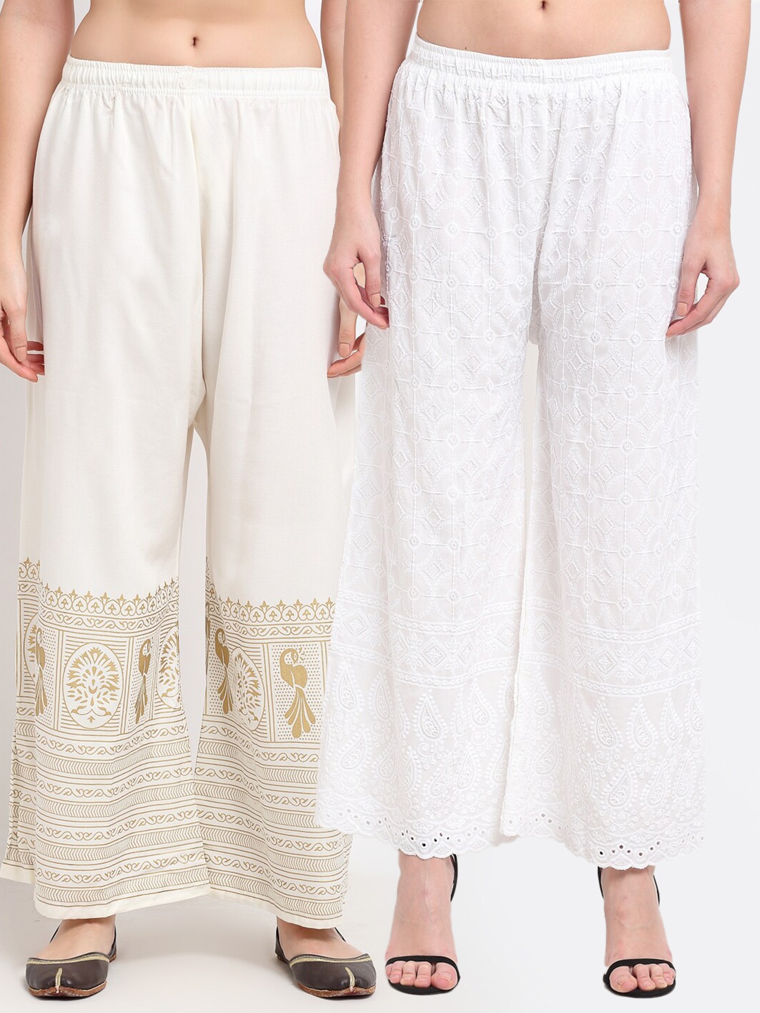 

TAG 7 Women Pack Of 2 White & Gold Ethnic Motifs Printed Wide Leg Palazzos