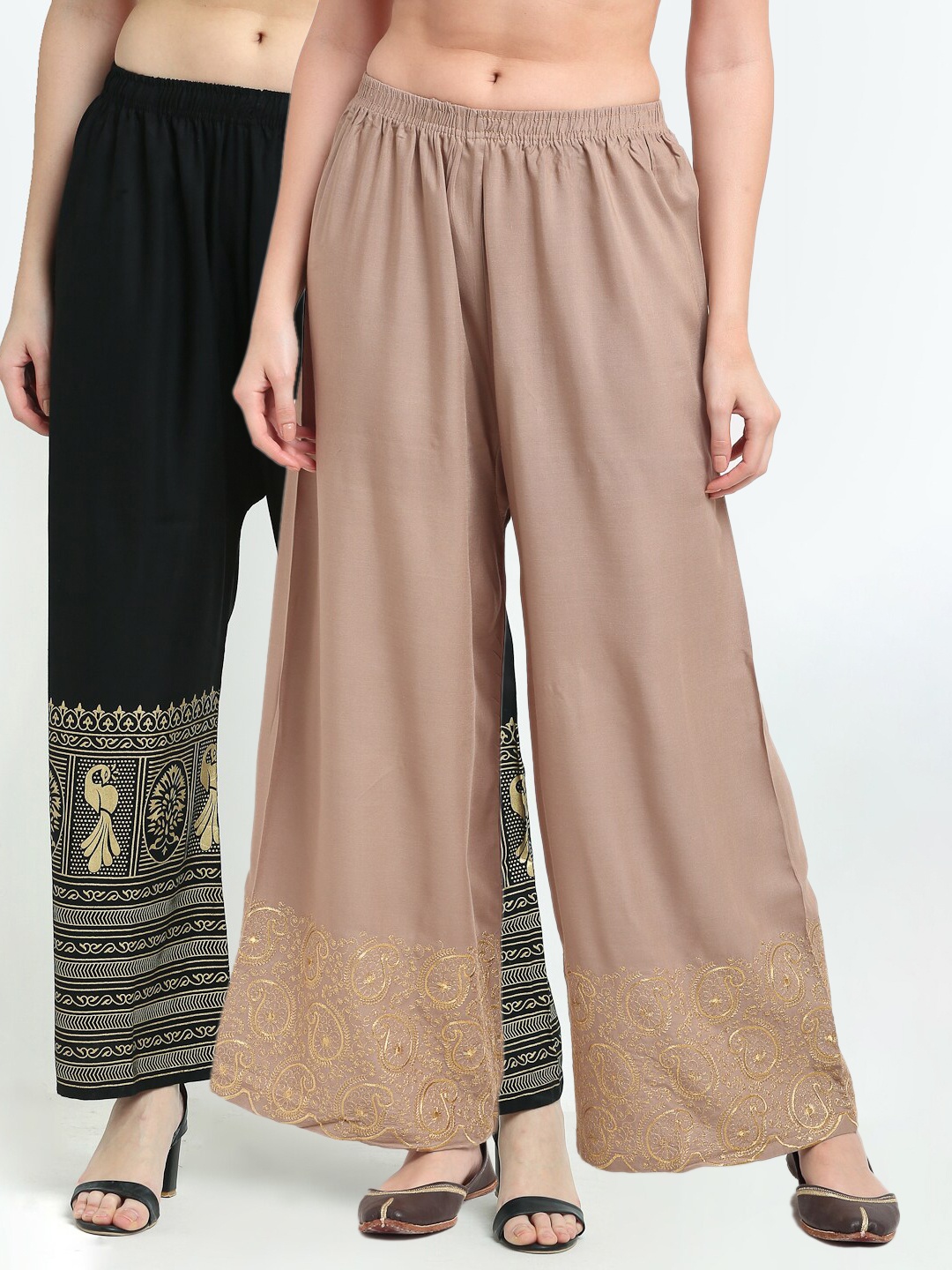 

TAG 7 Women Beige & Black Pack of 2 Ethnic Motifs Printed Palazzos