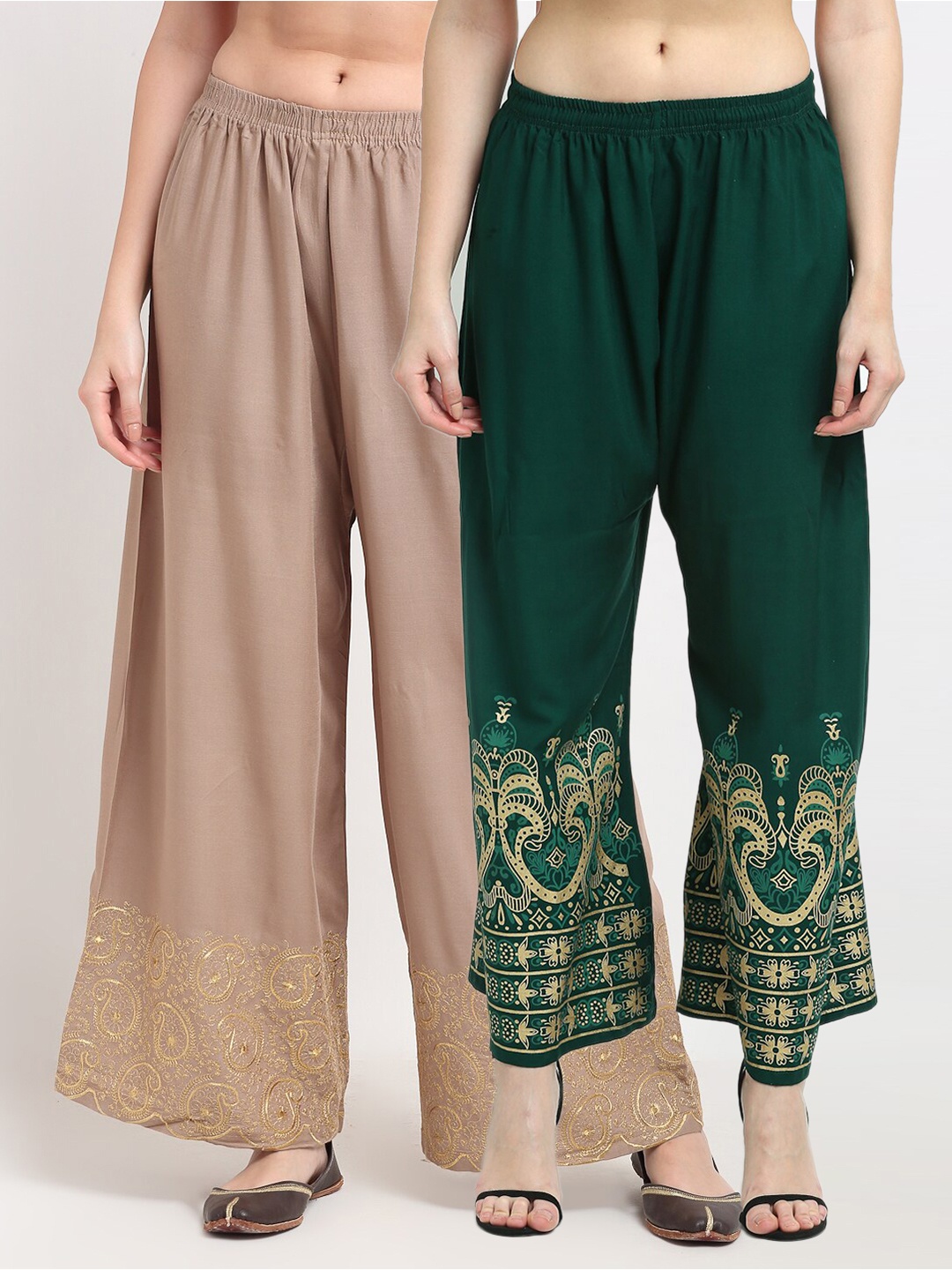 

TAG 7 Women Beige & Green Pack of 2 Ethnic Motifs Embroidered Palazzos