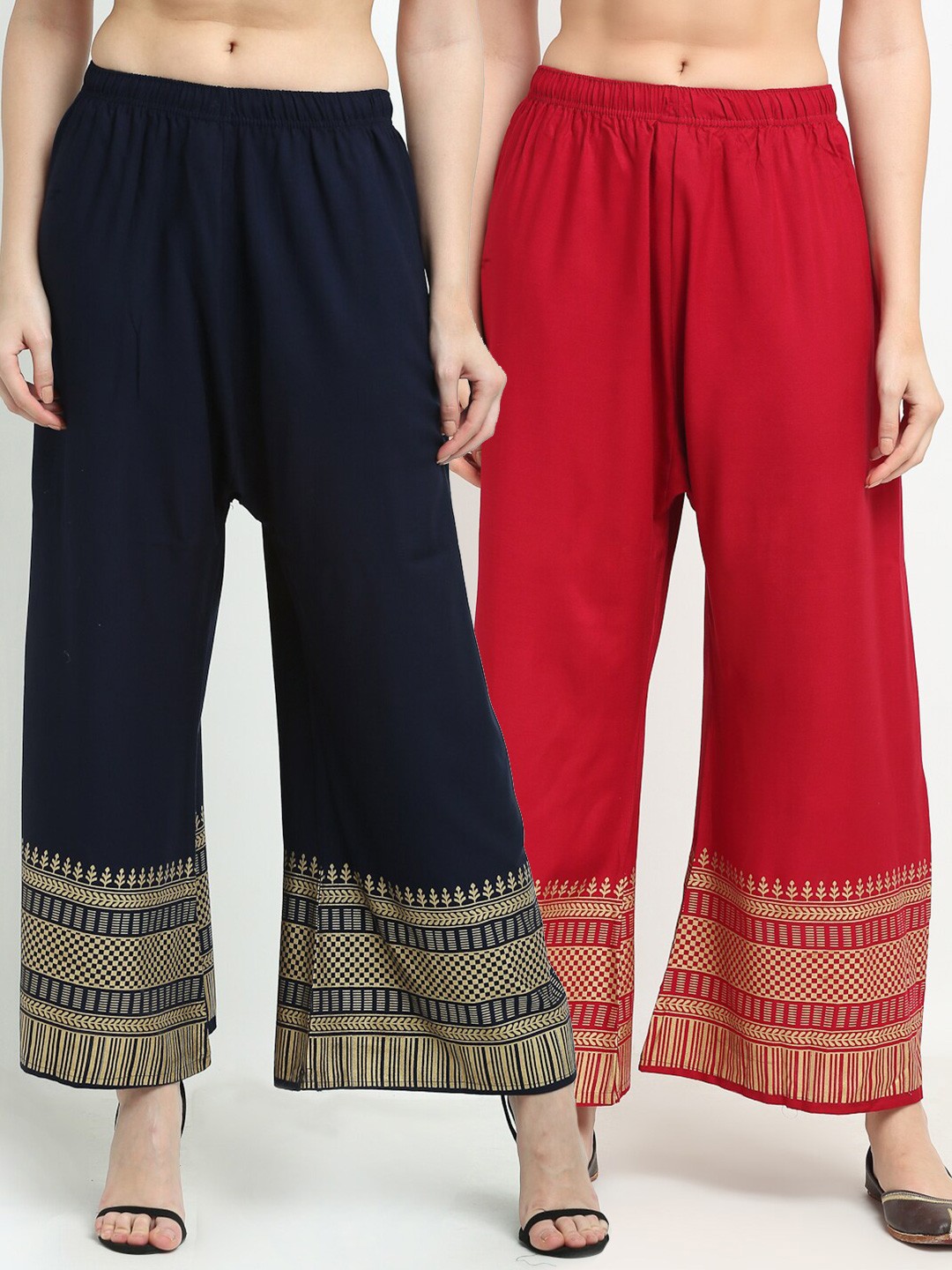 

TAG 7 Women Pack of 2 Navy Blue & Maroon Printed Wide Leg Palazzos