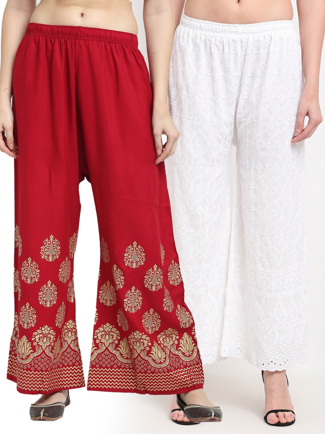 

TAG 7 Women Pack Of 2 Red & White Ethnic Motifs Printed Wide Leg Palazzos