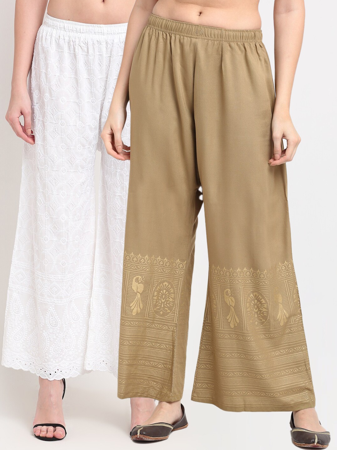 

TAG 7 Women White & Beige Pack of 2 Ethnic Motifs Printed Palazzos