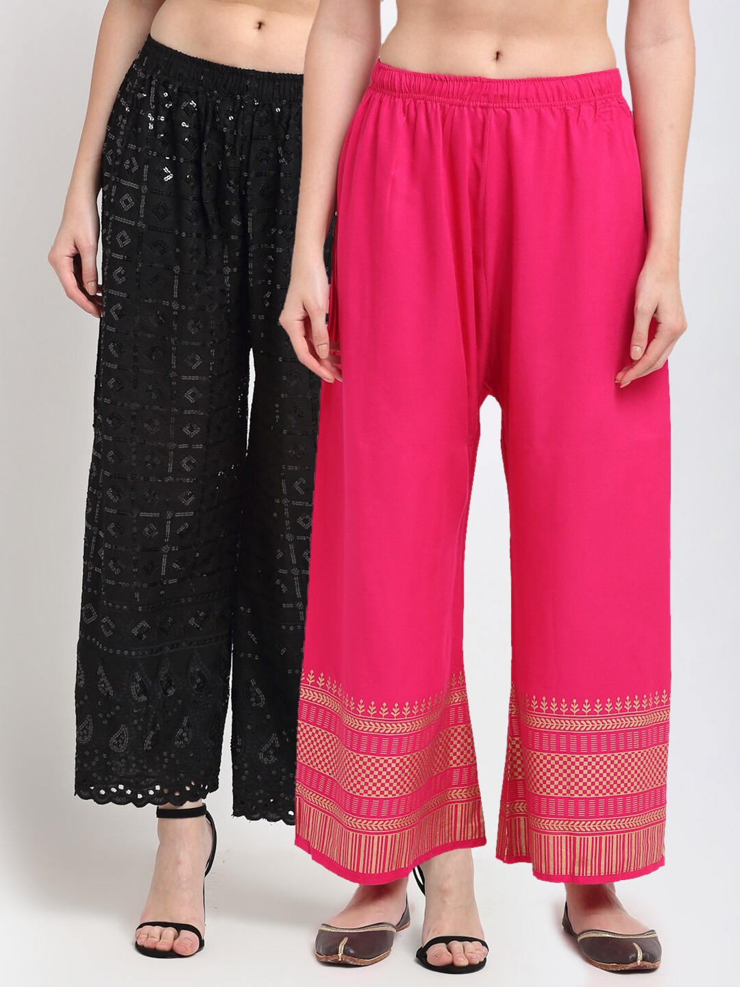 

TAG 7 Pack of 2 Women Black & Pink Printed Flared Palazzos