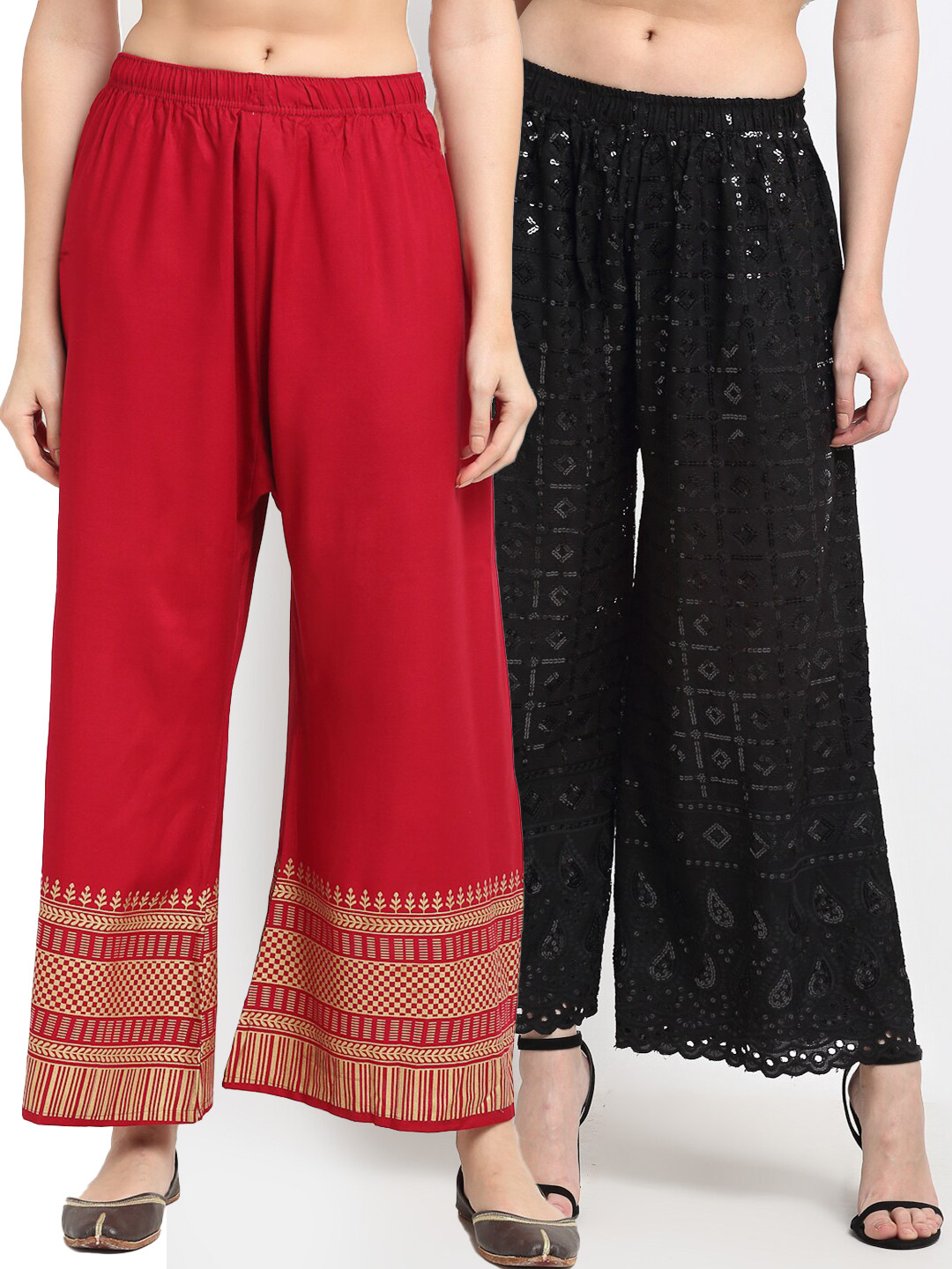 

TAG 7 Women Pack of 2 Black & Maroon Embellished Flared Palazzos
