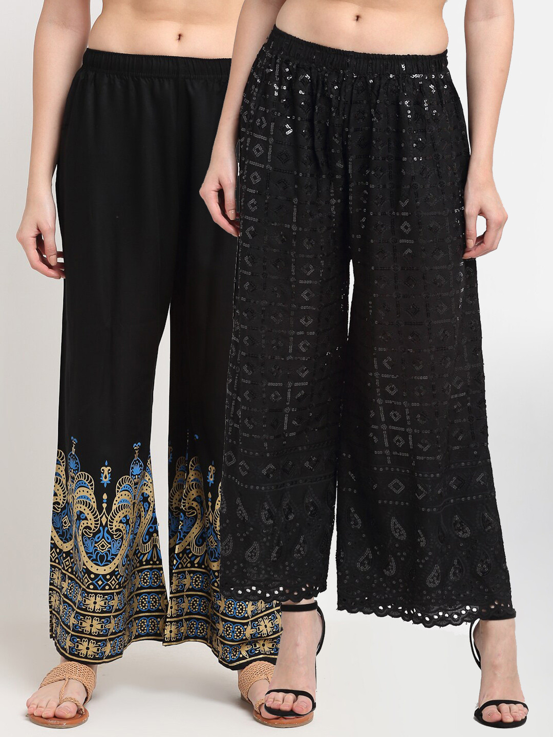 

TAG 7 Pack of 2 Women Black Ethnic Motifs Printed Flared Palazzos