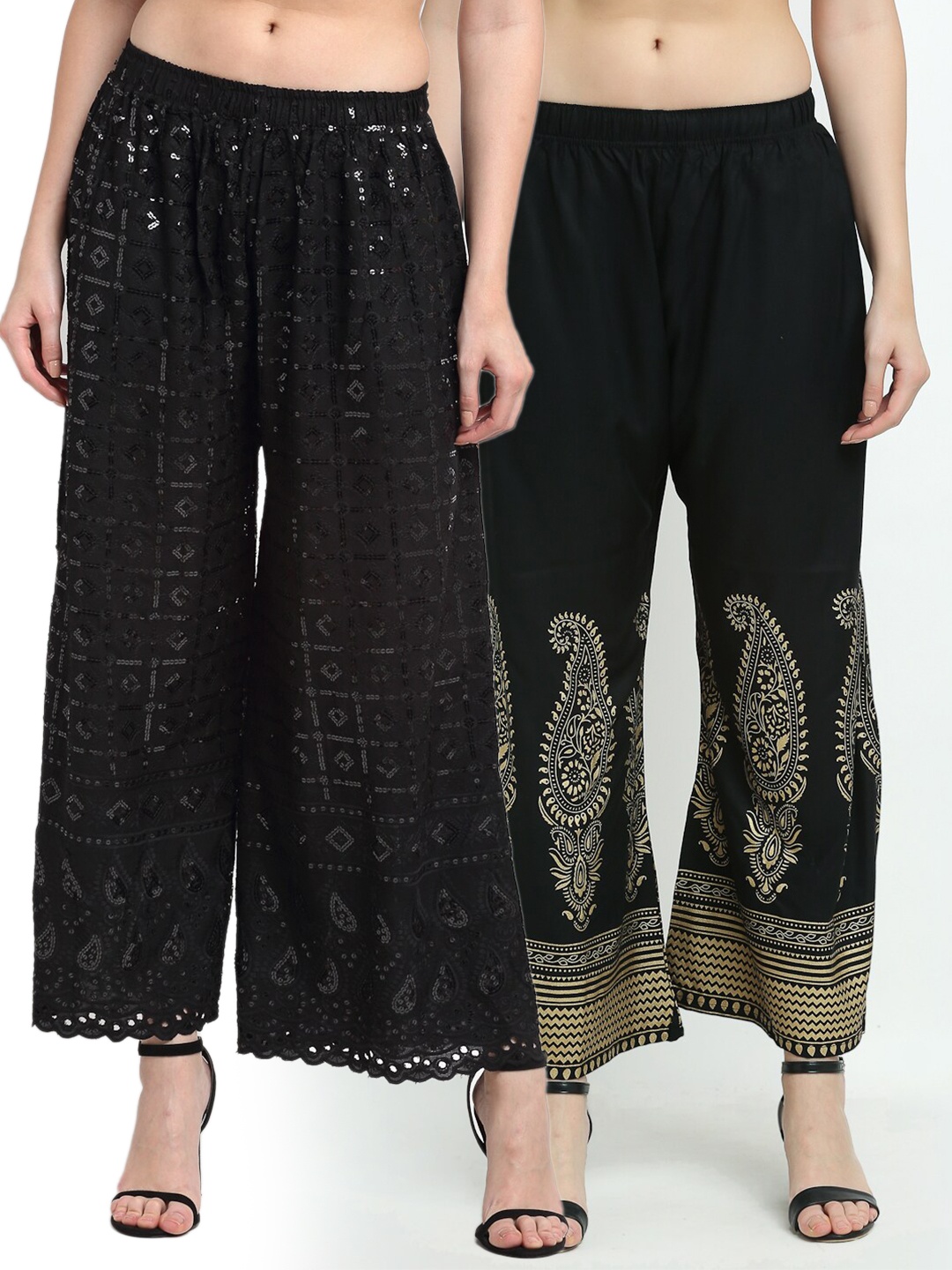 

TAG 7 Women Black & Gold-Toned Pack of 2 Ethnic Motifs Printed Palazzos