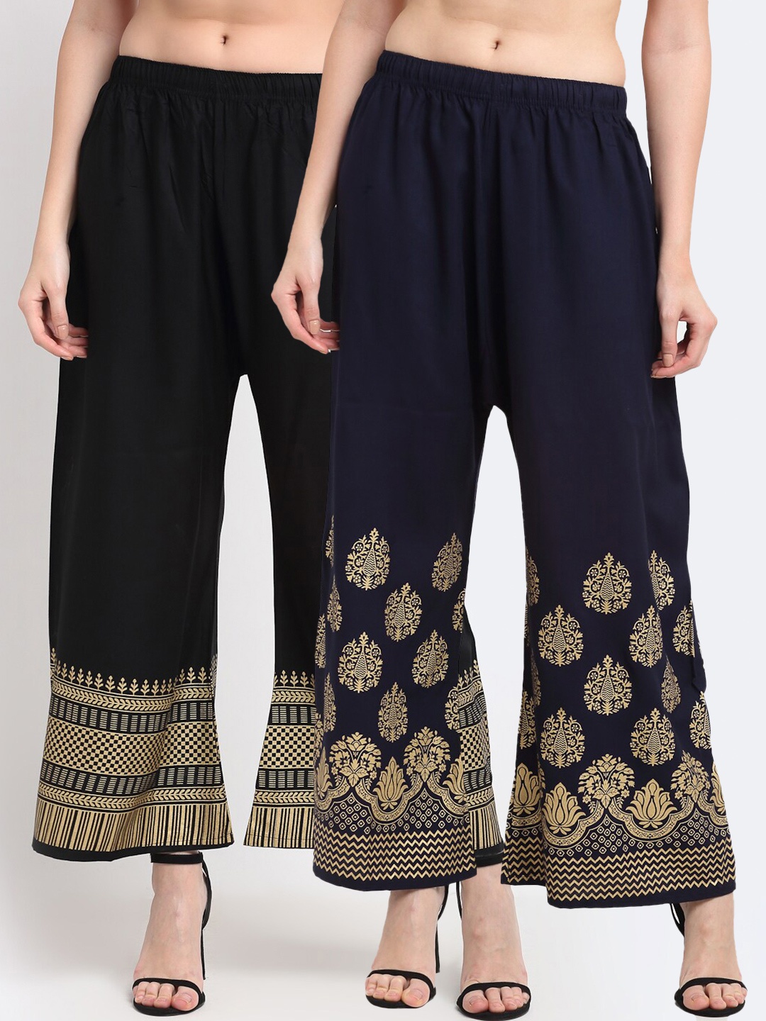 

TAG 7 Women Pack Of 2 Black & Gold Ethnic Motifs Printed Wide Leg Palazzos
