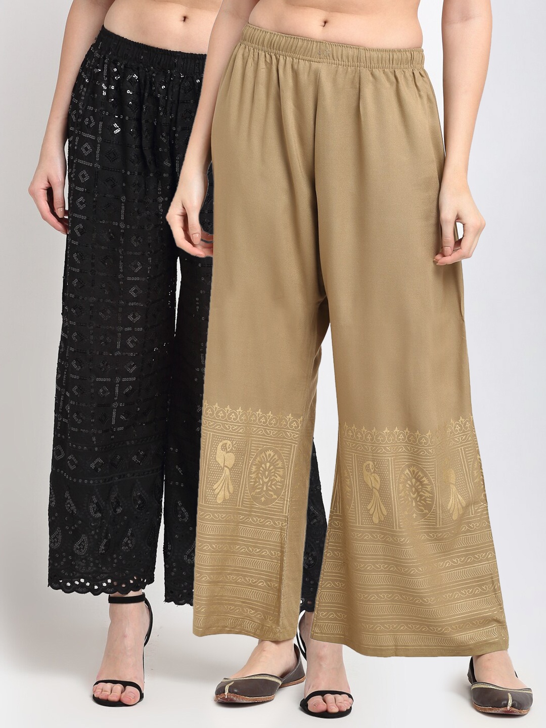 

TAG 7 Women Black & Beige Pack of 2 Flared Ethnic Palazzos