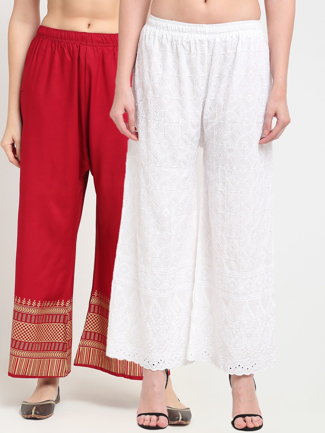 

TAG 7 Women White & Red Pack of 2 Floral Embroidered Palazzos