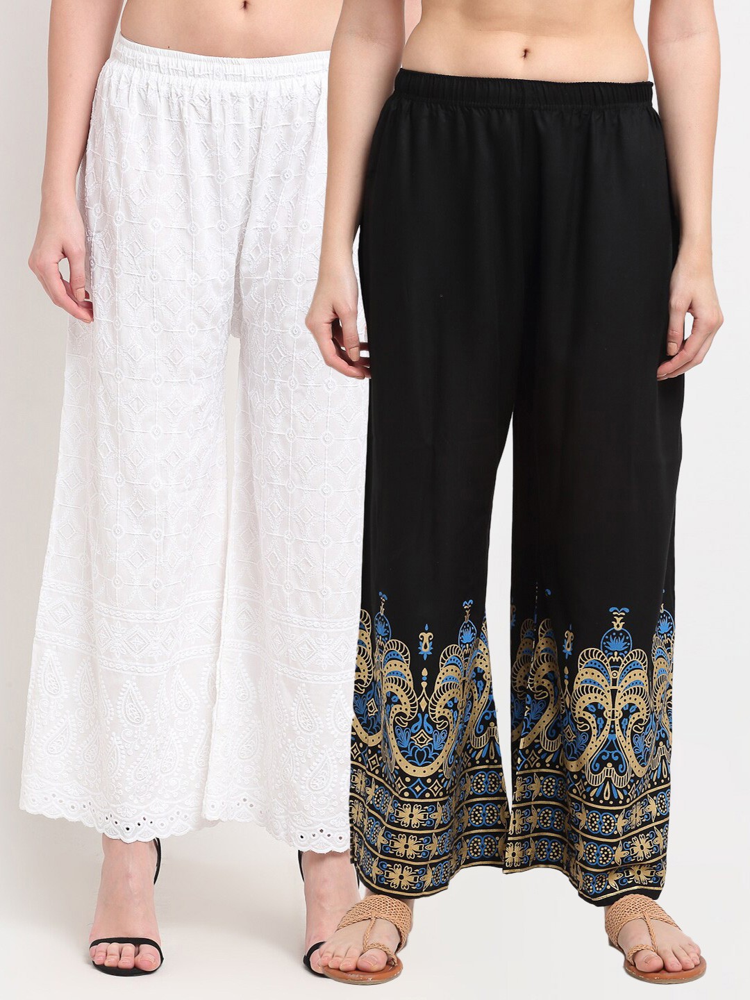 

TAG 7 Women Pack Of 2 White & Black Ethnic Motifs Printed Wide Leg Palazzos