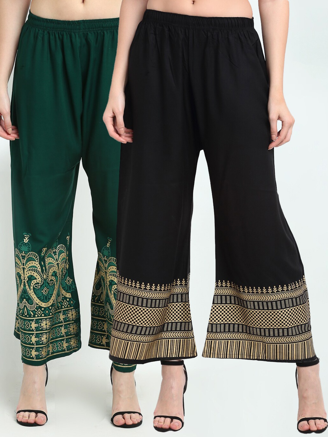 

TAG 7 Women Green & Black Pack of 2 Ethnic Motifs Printed Palazzos